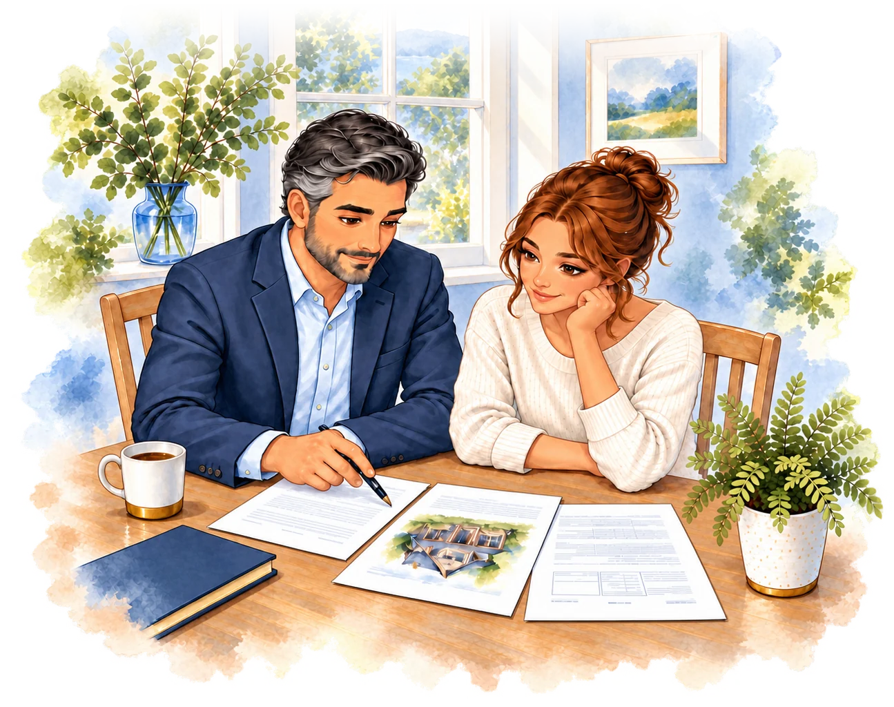 A broker and borrower sit side by side reviewing mortgage proposals at a wooden table.
